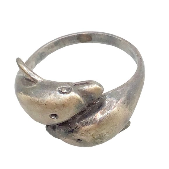 Wrap Dolphins Ring Size 7.25 Sterling Silver Bypass Style Double Dolphin Ring - Picture 1 of 13